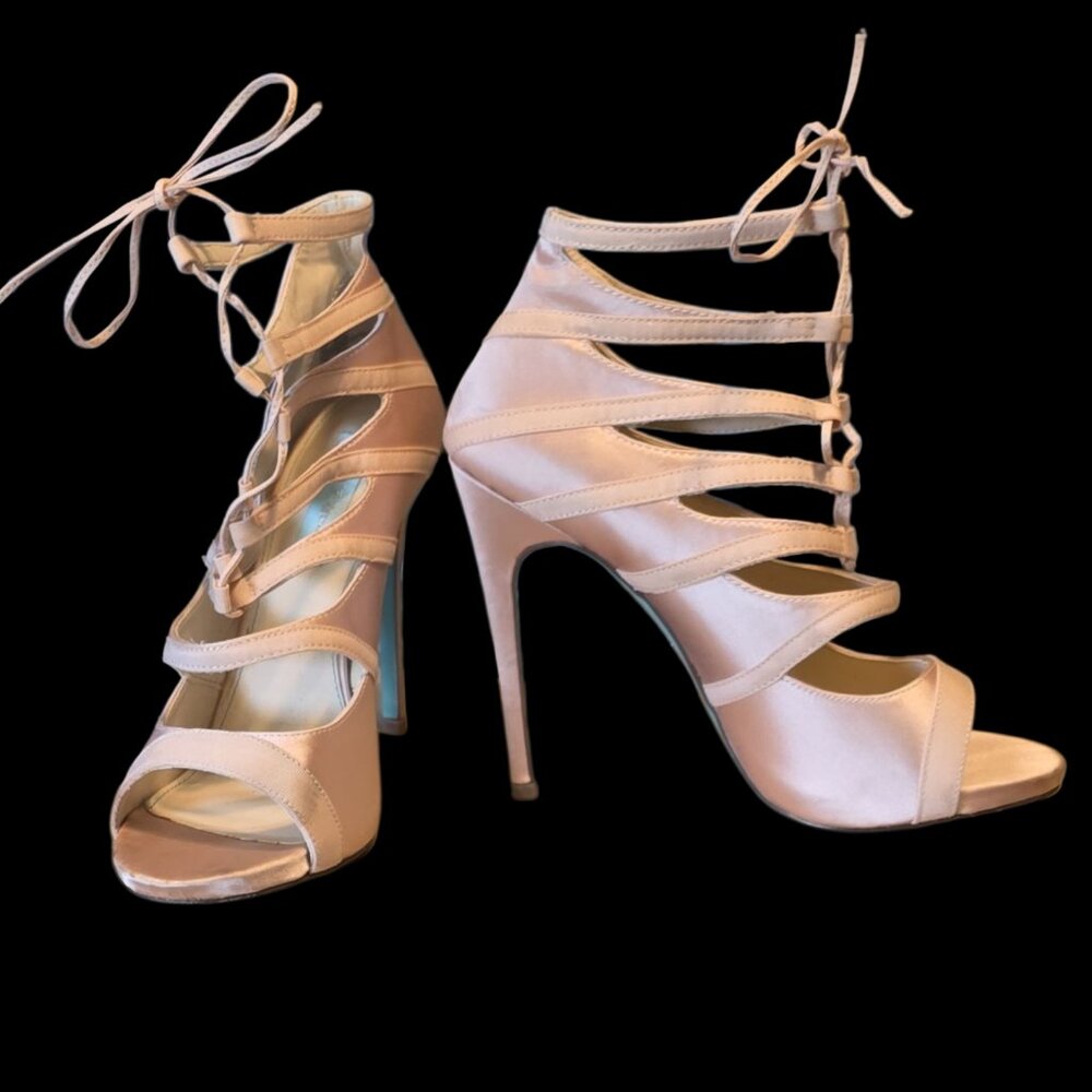Size 9.5 Blue Betsey Johnson Mila Caged Champagne Satin Heels Lace-Up Stilettos
